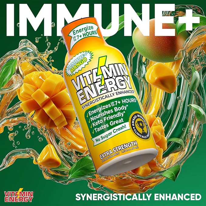 Vitamin Energy Immune+ Extra Strength Energy Shot Mango 48 Pack, 260mg Natural Caffeine, B-Vitamins, Citicoline, Green Tea, Immunity & Focus Support, Zero Sugar, Gluten-Free 1.93 fl oz