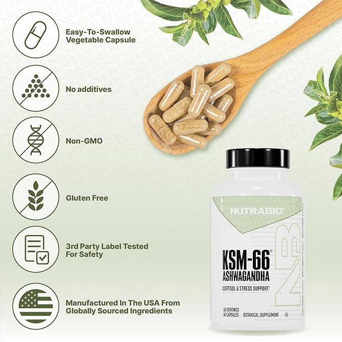 NutraBio Ashwagandha KSM-66 | Ashwagandha Herbal Supplement for Stress, Mood, & Performance | 600 MG of Clinically Studied KSM66 60 Capsules