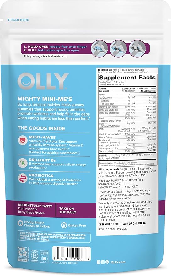 OLLY Kids Multivitamin & Probiotic Gummy,Digestive Support,Vitamins A,D,C,E,B,Zinc,Chewable Supplement,Berry Flavor,60 Day Supply -,120 Count (Pack of 2)