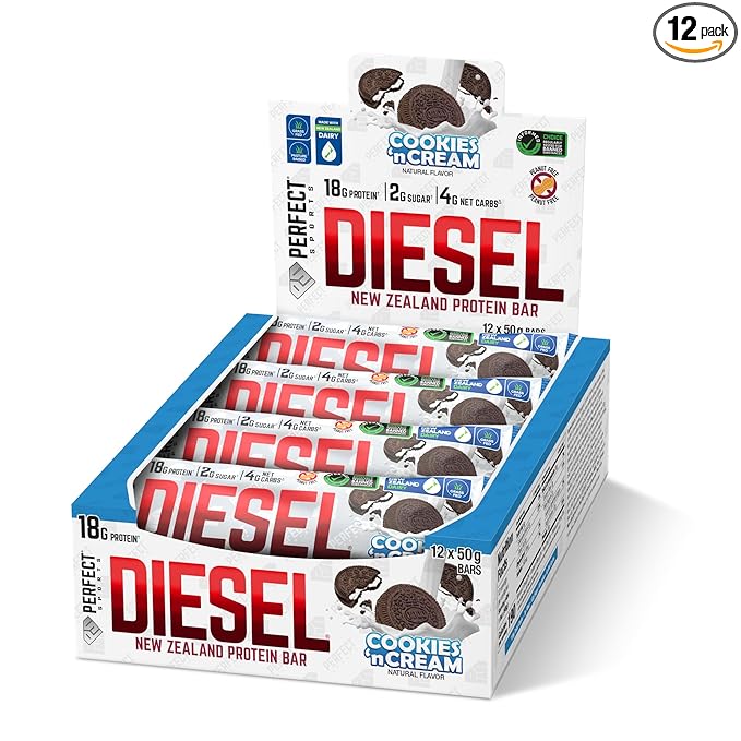 PERFECT SPORTS Diesel New Zealand Whey Protein Bars | Stevia Sweetened, No Artificial Flavors | Low Sugar, 18g Protein | 12 Pack (Cookies n' Cream)