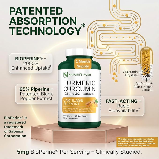 Nature's Push Turmeric Curcumin Super Potent 30:1 Extract 375mg 90% Curcuminoids, 1,350mg Turmeric Root 10:1 Plus Black Pepper for Healthy Inflammation Support Non-GMO Gluten Free Vegan USA 90 Caps