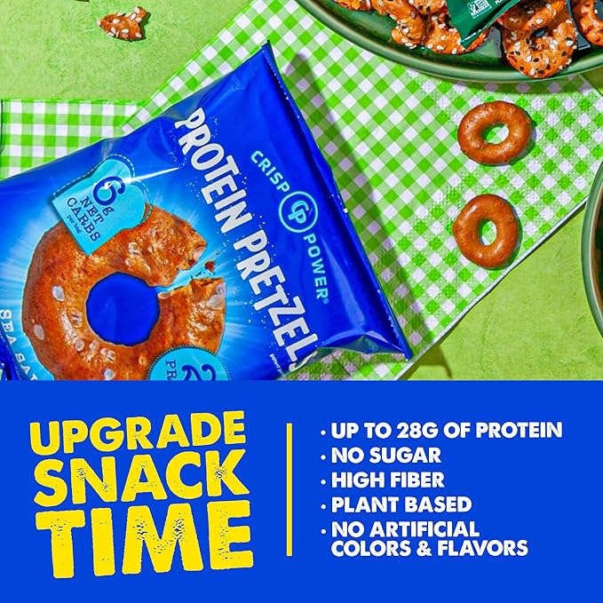 CRISP POWER Protein Pretzels, Sea Salt, 28G Protein, High Protein Snack, High Fiber, Low Carb Crunchy Pretzel Snacks, No Added Sugar, 1.75 oz Bags, 6 Pack, Vegan, Keto