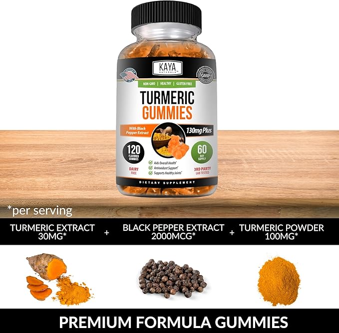 Kaya Naturals Turmeric Supplements Gummies - Pure Nature Turmeric Curcumin - Ginger Gummies - Black Pepper Extract - 120 Count