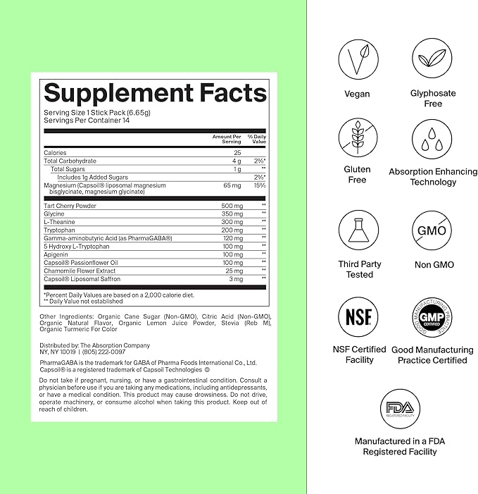 Sleep Aid Powder - Calming Drink for Deep Sleep with Liposomal Saffron, Magnesium & PharmaGABA Melatonin-Free Natural Supplement to Reduce Stress and Improve Sleep Quality Chamomile Lemonade 7 Sticks