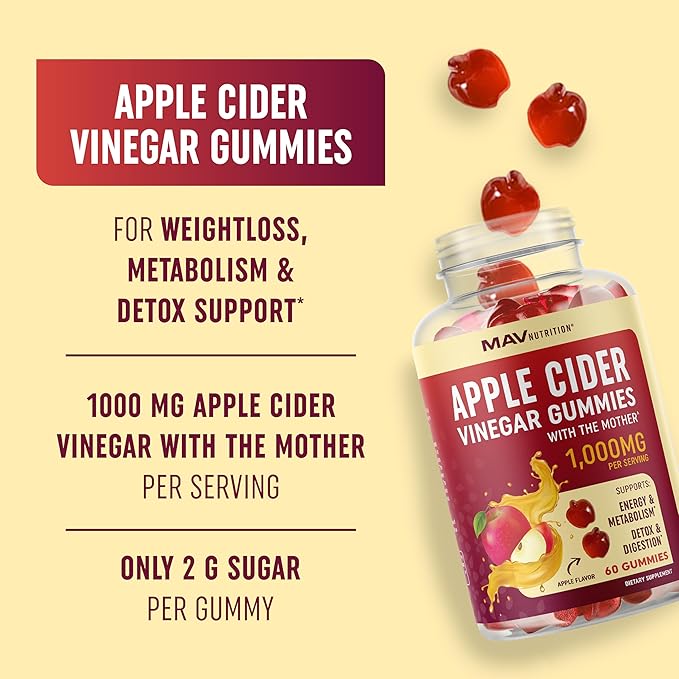 Organic Apple Cider Vinegar Gummies for Digestion, Detox & Healthy Immune Function Support | 1000MG ACV Per Serving | With The Mother, Vitamin B6, B12 & Folate | Vegan, Gluten-Free | 60 Gummies