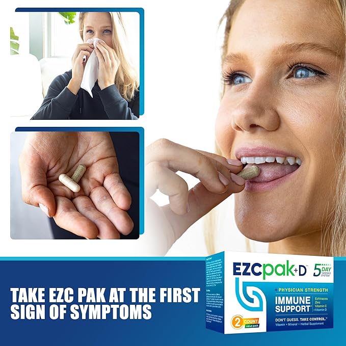 EZC Pak 5-Day Immune System Booster with Echinacea, Vitamin C, Zinc & Vitamin D - Tapered Immune Support Supplement for Adults - Supports Immunity, Easy Travel-Size Supplement Pack - (Pack of 2)