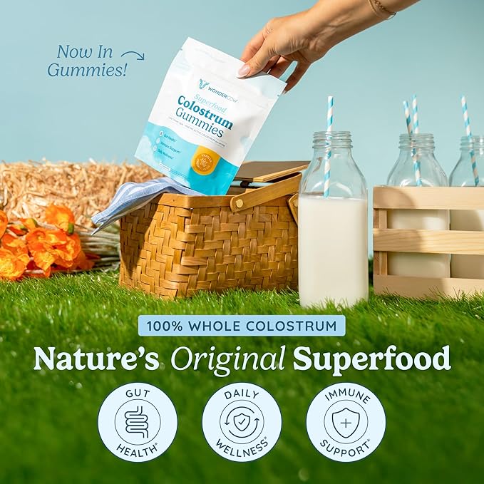 WONDERCOW Colostrum Gummies for Gut Health, Immune Support & Wellness | Natural IgG Whole Bovine Colostrum Supplement, 1,000mg per Serving (45 Gummies (15 Servings), Vanilla Cream)