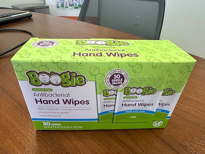 Boogie Antibacterial Hand Wipes, Alcohol Free, Hypoallergenic and Moisturizing Aloe, For Kids and Adults - 30 Wipes (Pack of 1)