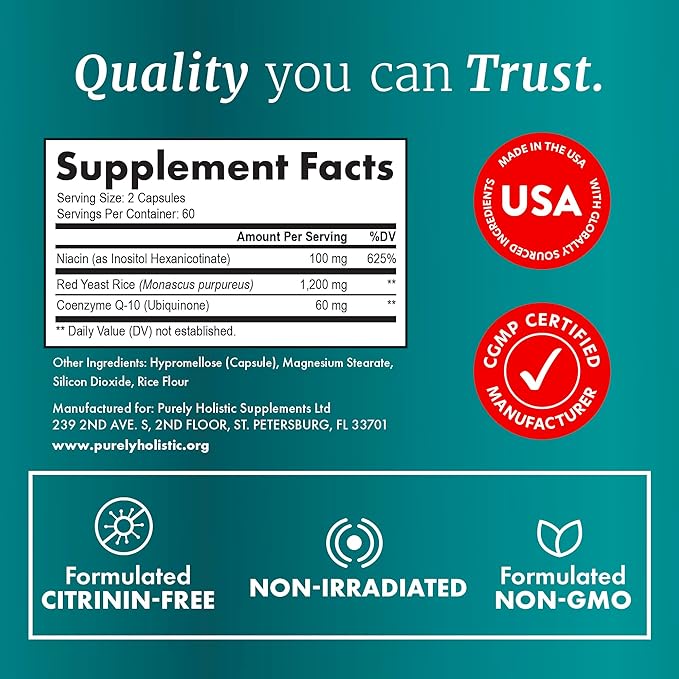 Red Yeast Rice with CoQ10 Supplement | Healthy Cholesterol Levels & Heart Health Support | Extra Strength Red Yeast Rice 1200 MG (600 MG Per Capsule) with Monakolin K | No Citrinin, Non-GMO | 120 Ct