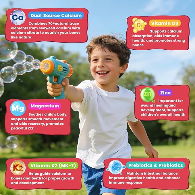 Calcium Citrate Gummies for Kids & Women - 500/1000mg Calcium Supplement with Vitamin D3 K2, Magnesium, Zinc, Probiotics & Prebiotics, Extra Absorption Algae Calcium For Bone, Muscle, Sugar Free 60Cts