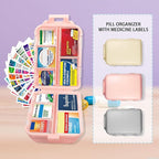Pill Organizer with Medicine Labels 146 Labels Travel Daily Pill Container Mini Medication Organizer Storage Travel Essentials Pill Case 7 Day Pill Organizer (Beige+Pink+Grey, 3 Packs (Large))