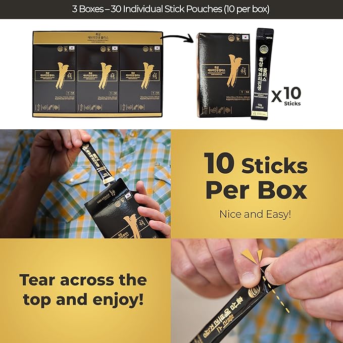 GeumHeuk Korean Black Ginseng Extract Every Ginseng Plus. 10g X 30 Stick Pouches. Immune Support, Energy Booster, Fatigue Recovery, Mental Performance. Patented Method.