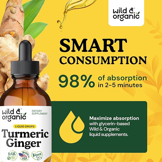 Wild & Organic Turmeric and Ginger Supplement Drops - Joint & Immune Support - Liquid Turmeric Curcumin with Black Pepper and Ginger - Curcumin Supplement - Vegan, Sugar & Alcohol-Free Tincture - 4 oz