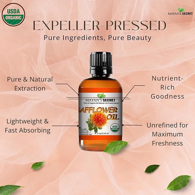 Mayan's Secret Organic Safflower Oil – High Oleic, Expeller Pressed, 100% Pure & Non-GMO, Rich in Vitamin E & Oleic Acid, Deep Moisturizing Oil for Soft Healthy Skin