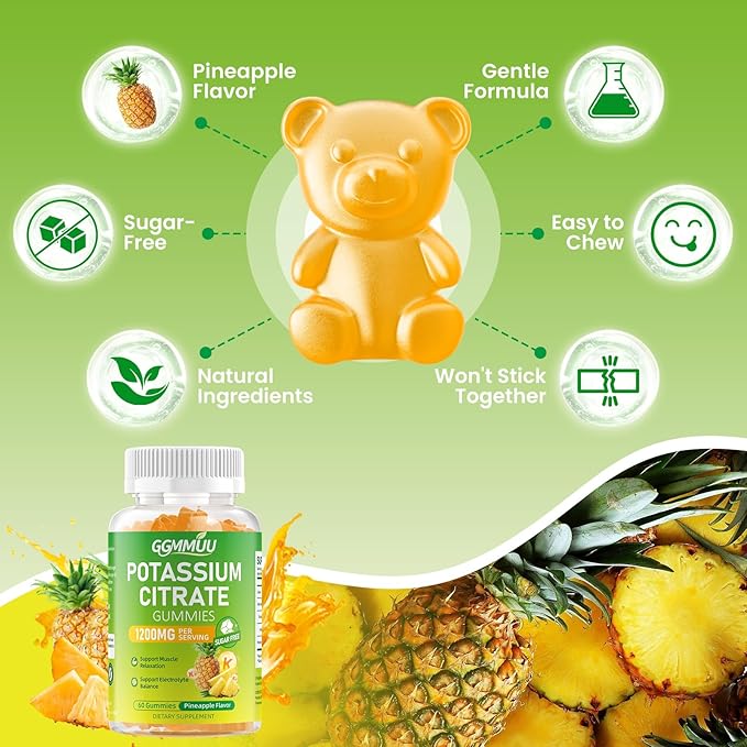 Potassium Citrate Gummies 1200mg, Chewable Potassium Supplement for Adults & Kids - Supports Muscle Health, Leg Cramps & Electrolyte Balance, Sugar-Free, Vegan, Pineapple Flavor, 60 Count