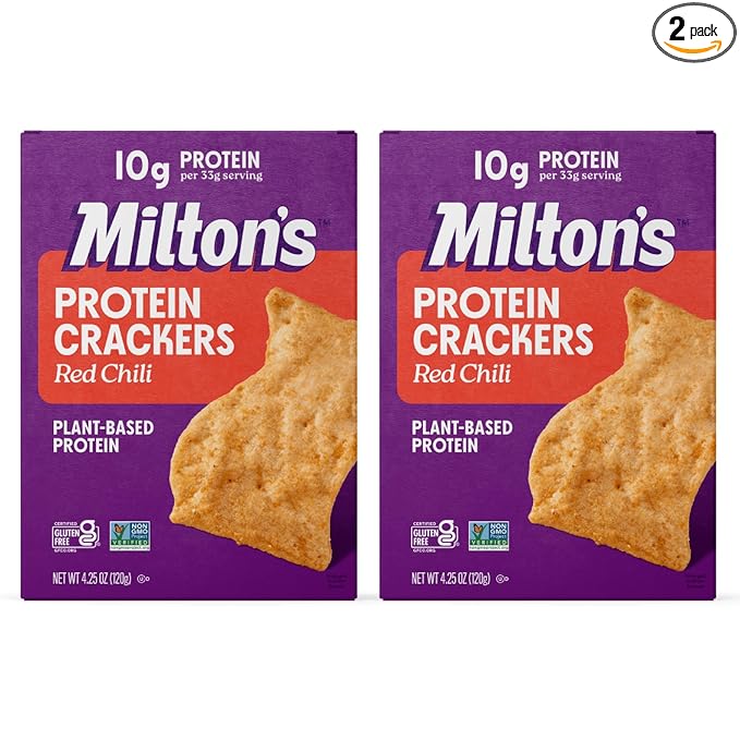 Milton's Protein Crackers, Red Chili - 10g of Plant-Based Protein Per Serving, Gluten Free, Non-GMO Project Verified, Vegetarian-Friendly, Zero Grams Added Sugar Per Serving, 4.25 Oz, Pack of 2