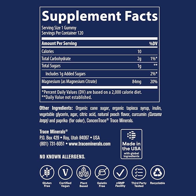 Trace Minerals Magnesium Gummies -Supports a Calm Mindset - Magnesium Chewables for Kids & Adults - Bone, Digestion, Heart Health & Immune Support - Tangerine Flavor - 120 Count (120 Servings)