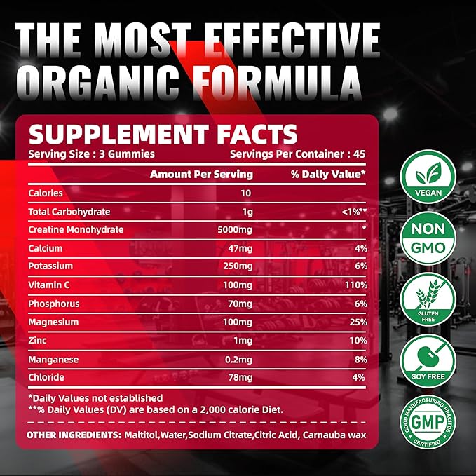 NSF Certified Creatine Gummy - Creatine Monohydrate Gummies for Men & Women-5g of Creatine Monohydrate per Serving - Sugar Free,Vegan, Strawberry Electrolyte Chews, 135 Count