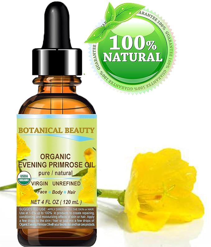 Botanical Beauty Organic EVENING PRIMROSE OIL 100% Pure Natural Undiluted Unrefined Virgin Cold Pressed Carrier Oil for face, skin, hair, nails (4 Fl Oz 120 ml)