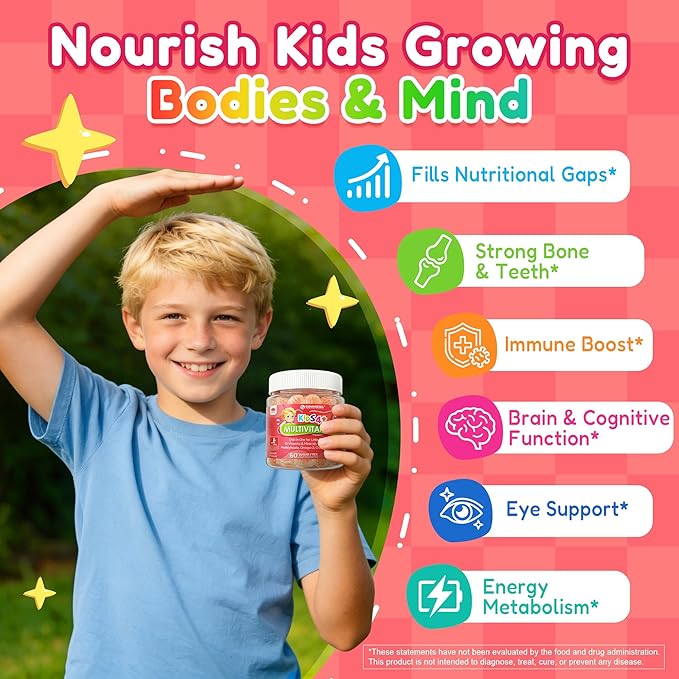 Kids Multivitamin Gummies + Iron, Omega 3, Probiotic, Fiber, Vitamins A C D3 E, K2, Methylfolate, Calcium, Choline, Kids Vitamins Multivitamin for Growth, Immune, Bone, Brain, Focus, No Sugar, 60 Cts