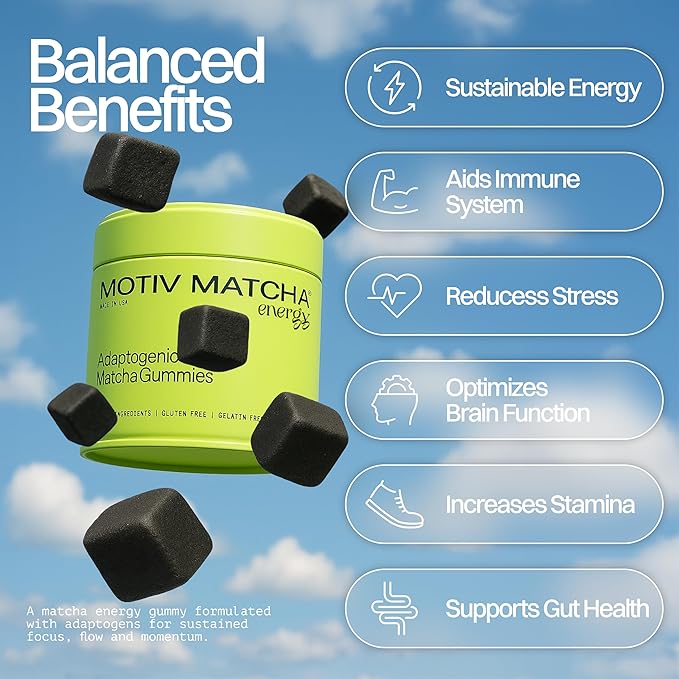 Organic Matcha & Mushroom Energy Gummies | Ceremonial Grade Matcha + Cordyceps, Reishi, Panax Ginseng & Rhodiola | Clean Sustained Energy, Focus & Stress Support | Vegan, Non-GMO