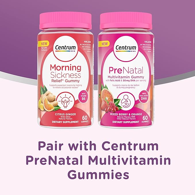 Centrum Morning Sickness Relief Gummies, Citrus Ginger Flavor - 60 Count, Up to 60 Day Supply