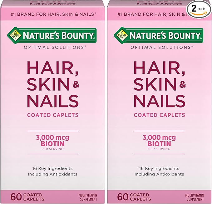 Nature's Bounty Optimal Solutions Hair, Skin & Nails Formula, with 3,000 mcg Biotin, 20 Total Servings, 60 Coated Caplets (Pack of 2)