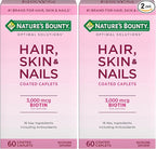 Nature's Bounty Optimal Solutions Hair, Skin & Nails Formula, with 3,000 mcg Biotin, 20 Total Servings, 60 Coated Caplets (Pack of 2)