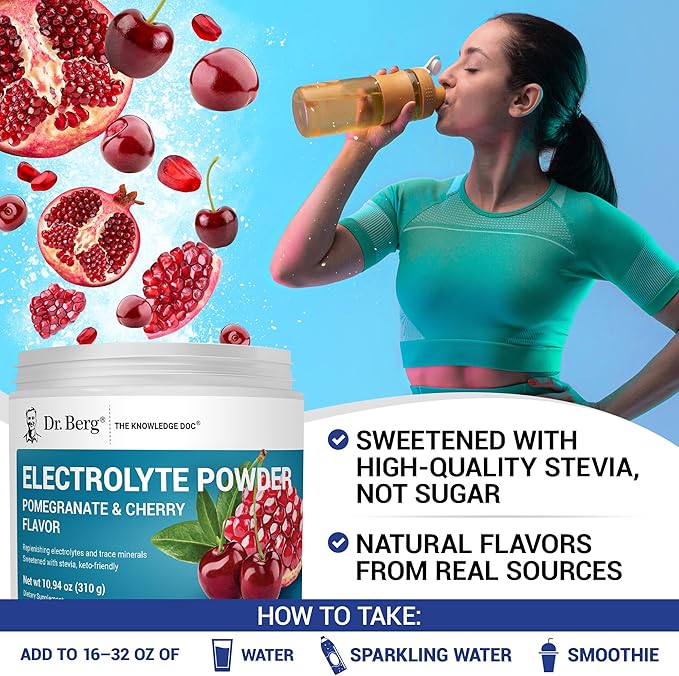 Dr. Berg Zero Sugar Hydration Keto Electrolyte Powder - Enhanced w/ 1000 mg of Potassium & Real Pink Himalayan Salt (NOT Table Salt) - Pomegranate and Cherry Hydration Drink Supplement - 50 Servings