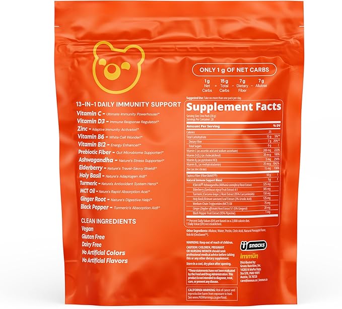 Grüns Immun Sugar Free Immunity Gummies with Vitamin C, Zinc, MCT Oil, & Turmeric - Daily Immune Support Supplement for Adults - Sour Pineapple Flavor (28 Count)