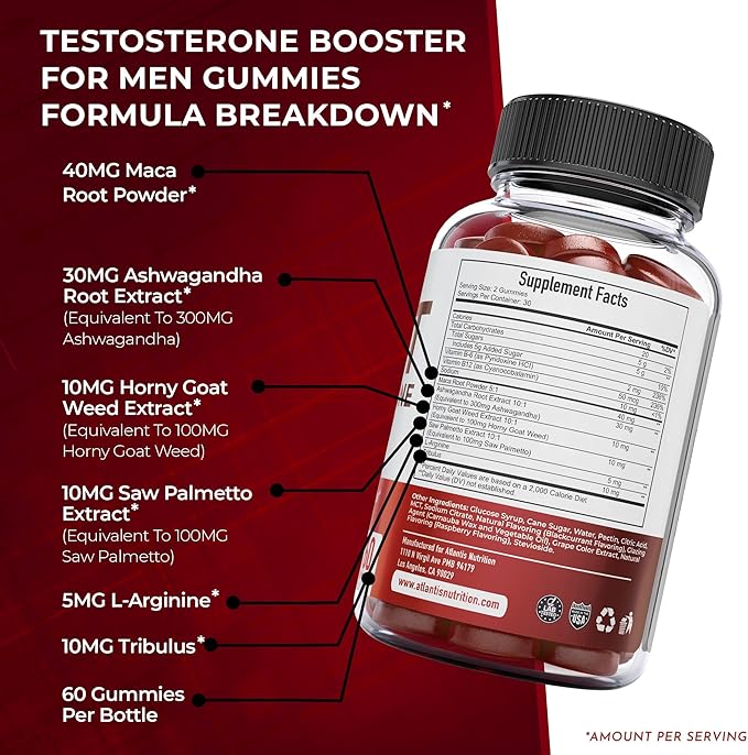 Atlantis Nutrition Testosterone Booster Gummies for Men - Enhances Strength & Stamina - Optimizes Performance & Male Enhancement - Tribulus, Goat Weed Extract, Maca Root Extract | 60 Gummies