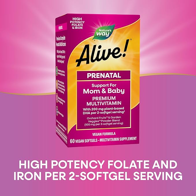 Nature's Way Alive! Complete Premium Prenatal Multivitamins for Women, Healthy Eye and Brain Development*, 60 Vegan Softgels