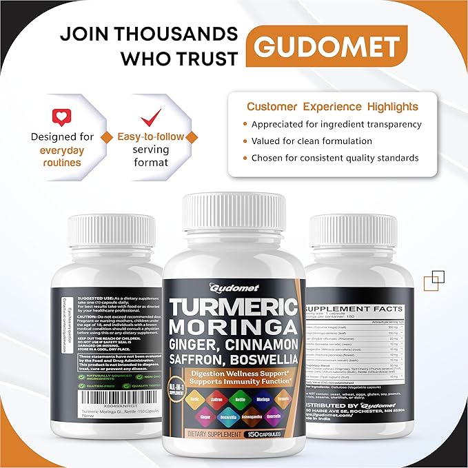 Turmeric Moringa Ginger Boswellia Quercetin Cinnamon Saffron Tart Cherry Odorless Garlic Nettle -150 Capsules