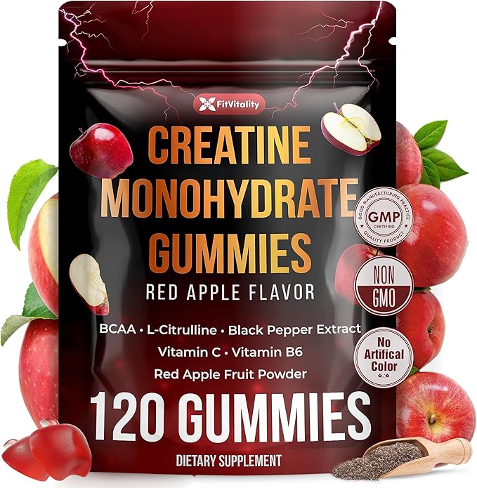 Premium 120 Creatine Gummies - Formulation with Creatine Monhydrate, Vitamin C & B6 - Vegan, Non-GMO, Sugar-Free, Red Apple Flavor