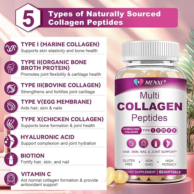 Multi Collagen Peptides Softgel for Women & Men - Type I, II, III, V, X - Hydrolyzed Collagen Peptides with Biotin, Vitamin C & Hyaluronic Acid - Support Skin Hair Nail & Joint - Non GMO, 180 Softgel