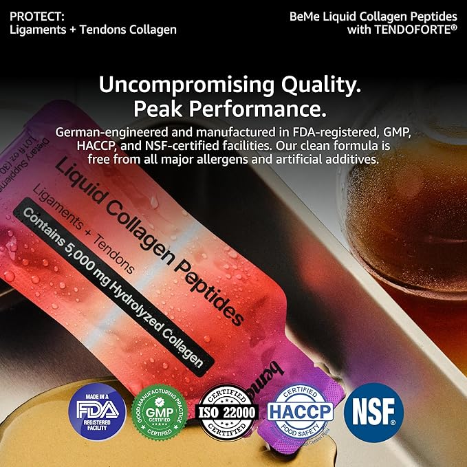 BeMe Liquid Collagen Peptides - Tendon & Ligament Supplements for Injury Prevention & Tissue Repair. Liquid Shots with TENDOFORTE for Active Recovery, Gym Performance Athletes - 15 Grapefruit Sachets