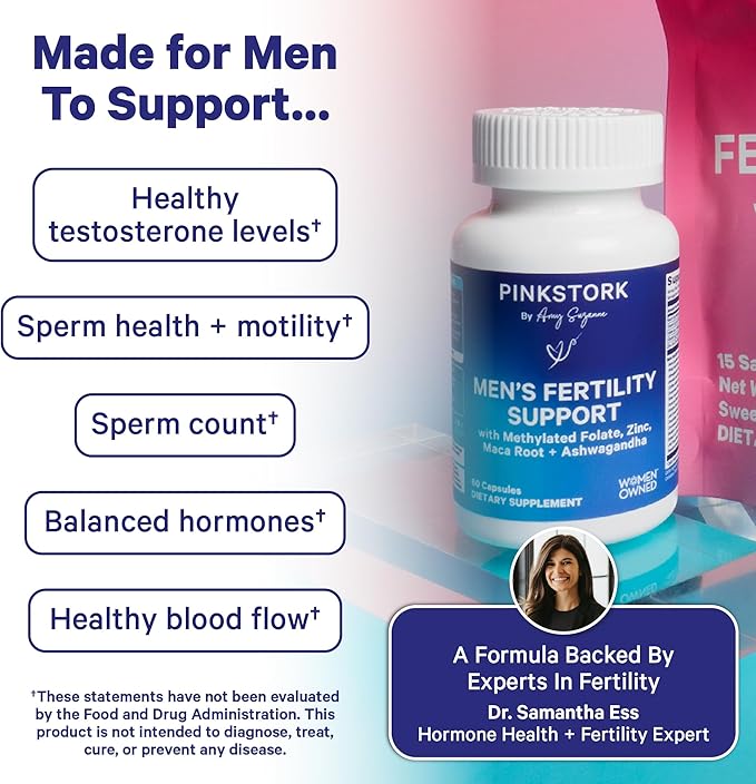 Pink Stork BlueStork Men's Fertility Support - Supports Conception for Him - Male Prenatal Vitamins with Maca Root, Ashwagandha, Folate, B12 - Sperm Heath, Drive, Motility - 60 Capsules