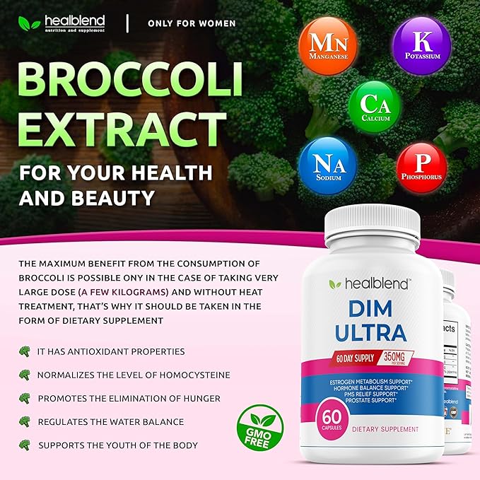 healblend DIM Ultra Dietary Supplement 350mg with Bioperine, Diindolylmethane, Estrogen Metabolism Support, Hormone Balance & PMS Relief, 60 Capsules