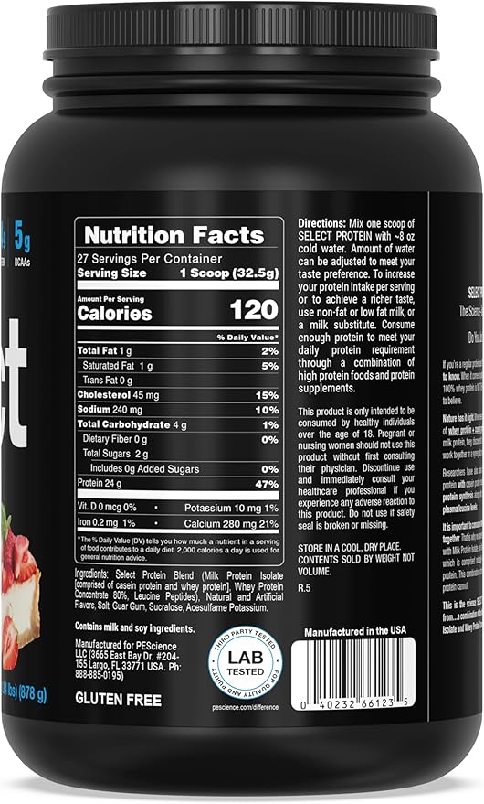 PEScience Select Protein Powder, Whey and Casein Blend, Gluten Free, Low Carb Protein Powder for Women and Men, Low Calorie, Keto Friendly - Strawberry Cheesecake, 27 Servings