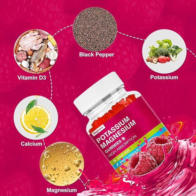Potassium Magnesium Gummies - Magnesium Glycinate B6,D3 & Potassium Citrate for Leg Cramps,Muscle,Electroyte for Adults Kids,Sugar-Free - 60 Raspberry Gummies