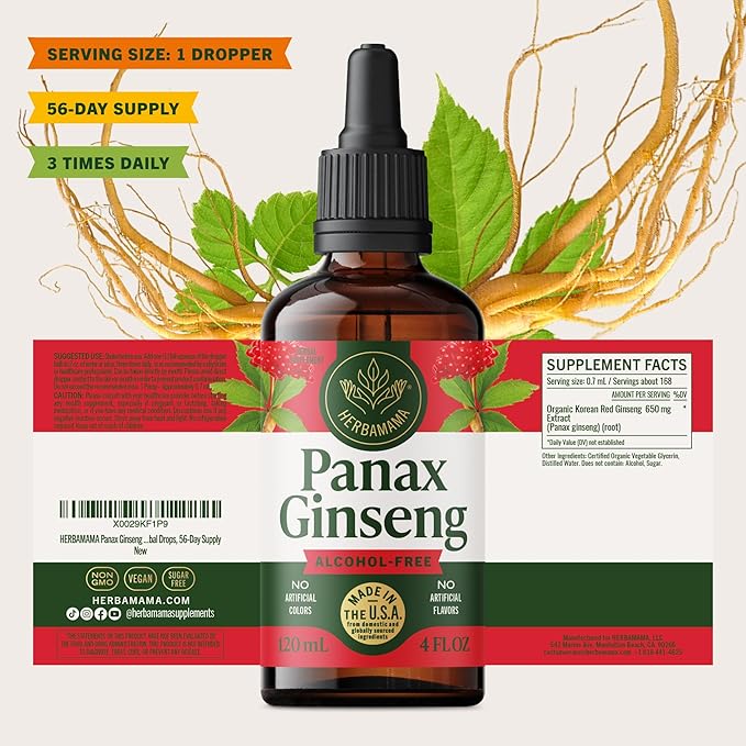 HERBAMAMA Panax Ginseng Root Tincture - Immune & Overall Support with Korean Red Ginseng Supplement - Vegan, Non-GMO, Alcohol & Sugar-Free Herbal Drops, 56-Day Supply