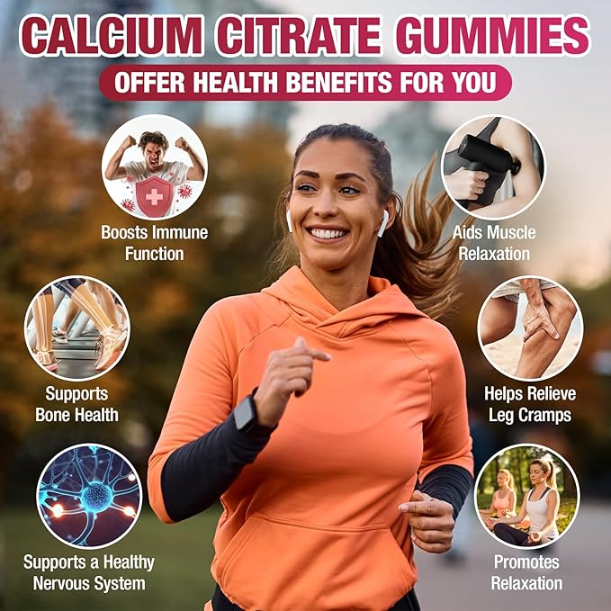 Calcium Citrate Gummies 1200mg - Sugar-Free Chewable Supplement for Women & Men with Bone, Muscle & Immune Support - Raspberry Flavor, 60 Count