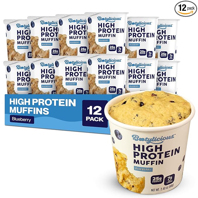 Bootylicious | 25g Protein Muffin | Blueberry | Low Carb, 14g Fiber, Low Glycimic Index, Low Sugar, 2.29 Cup, 12-Pack