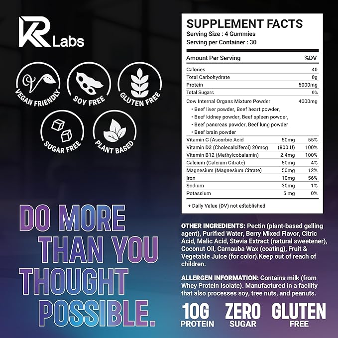 Protein Gummies with Beef Organs | 300g Total Protein per Bag | 10g per Serving Plant Based with Vitamins for Men & Women | Gluten Free Non-GMO Mixed Berry | (120 Count)
