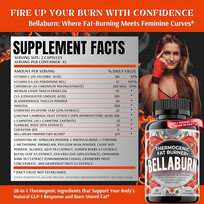 Bellaburn - Belly Fat Burner for Women, Appetite Suppressant for Weight Loss, Metabolism Booster, Thermogenic Fat Burners, Diet Pills that Work Fast, Weight Loss Pills, USA Made, 3rd Party-Tested