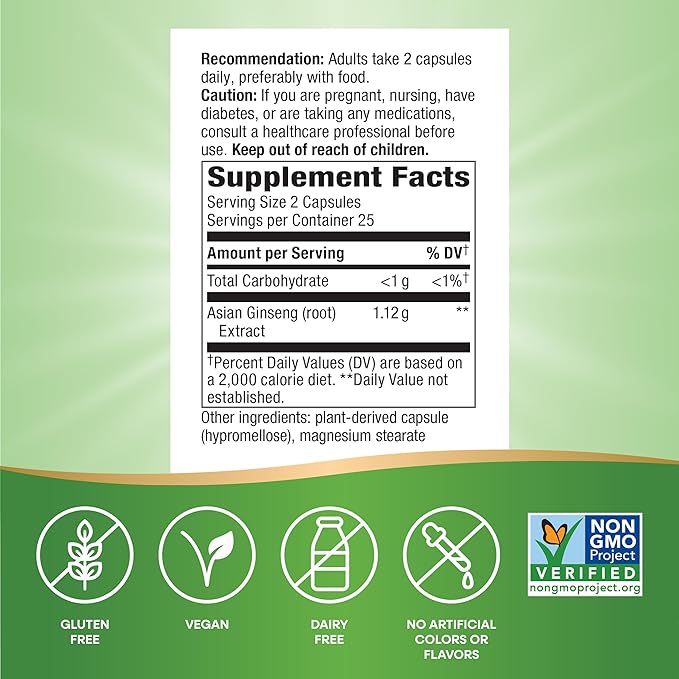 Nature's Way Asian Ginseng, Fights Fatigue*, 1,120mg Per 2-capsule Serving, Non-GMO Project Verified, Vegan, 50 Capsules (Packaging May Vary)