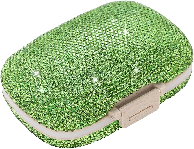 Cute Pill Organizer Small Bling Pill Case for Purse Medicine Vitamin Container Holder Daily Pill Box Container for Women Travel Medicine Kit(Green)