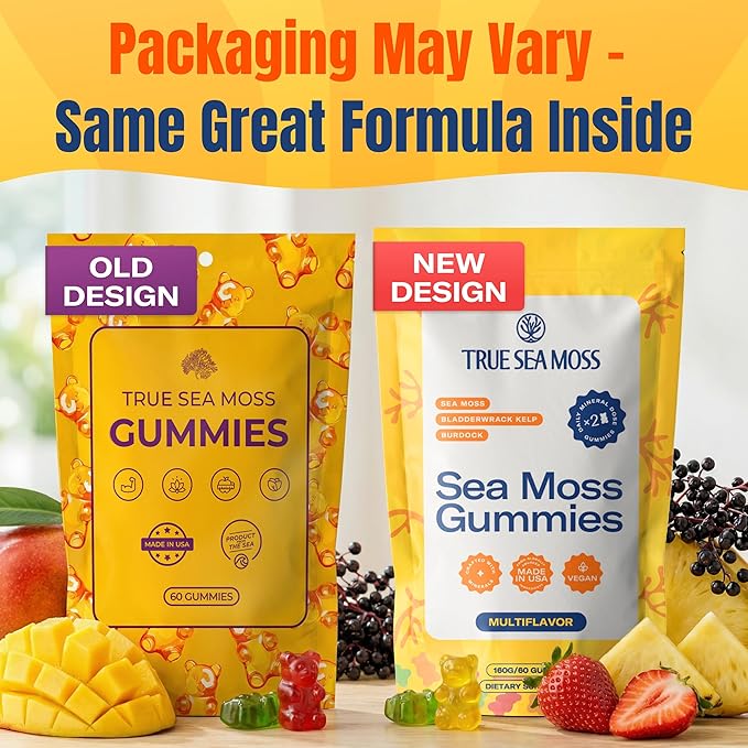 TrueSeaMoss Sea Moss Gummies with Bladderwrack & Burdock Root – Vegan Formula for Adults & Kids – Fruity Flavor – 60 Gummies (Pouch May Vary)