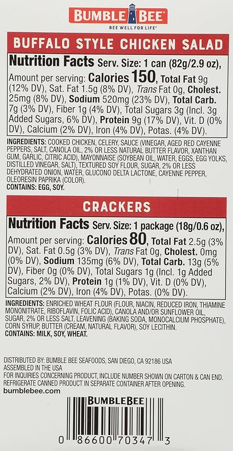 Bumble Bee Snack On The Run! Protein Snack Pack - Buffalo Chicken Salad with Crackers - 10g Protein per Box - Ready to Eat Easy-Open Canned Chicken Salad (Pack of 1)