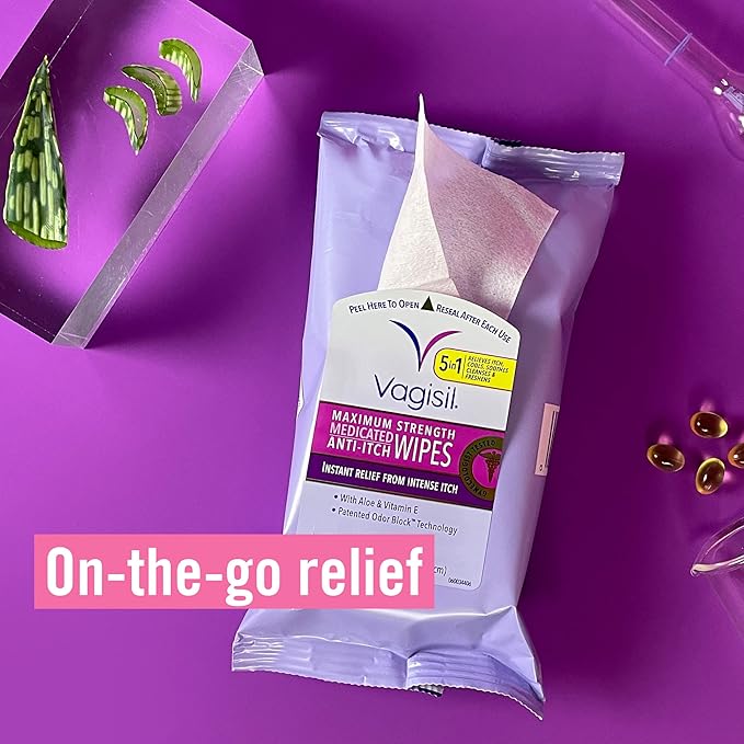 Vagisil Wipes, Anti-Itch Medicated Feminine Vaginal Wipes, Maximum Strength, Instant Relief, 20 Wipes (Pack of 3)